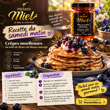 Recette Premier Miel : crêpes moelleuses garnies de bleuets, de yogourt et de miel de fleurs de bleuet sauvage, avec les ingrédients et les étapes de préparation.