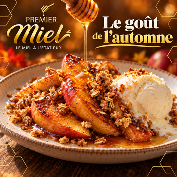 Pommes caramélisées au miel d’automne Premier Miel, garnies de croustillant d’avoine et accompagnées de crème glacée à la vanille.