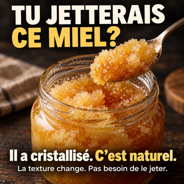 Pot de miel cristallisé et cuillère de miel granuleux. Message : « Tu jetterais ce miel? Il a cristallisé. C’est naturel. La texture change. Pas besoin de le jeter. »